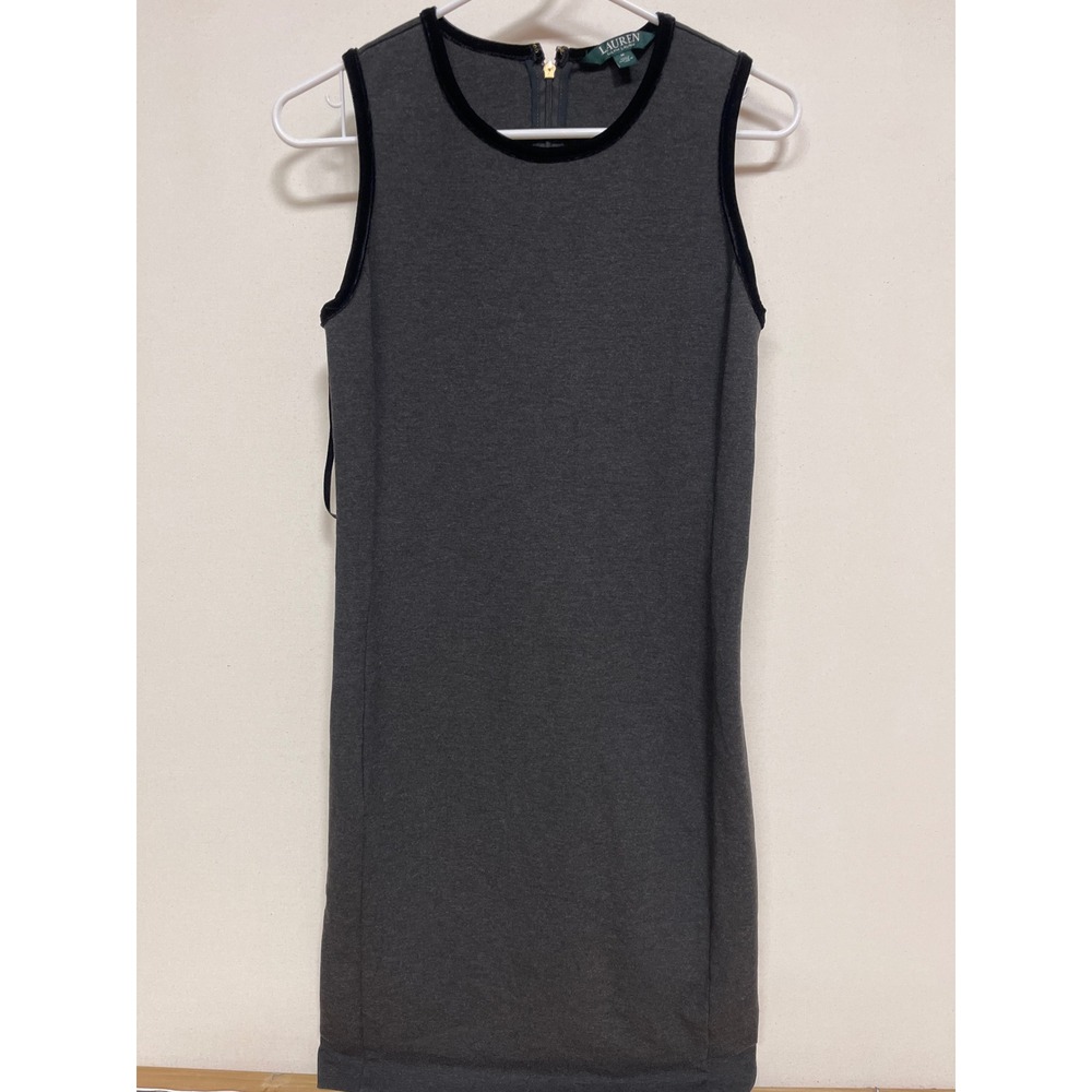 Lauren Ralph Lauren Gray Sleeveless Sheath Dress Velvet Trim Size M